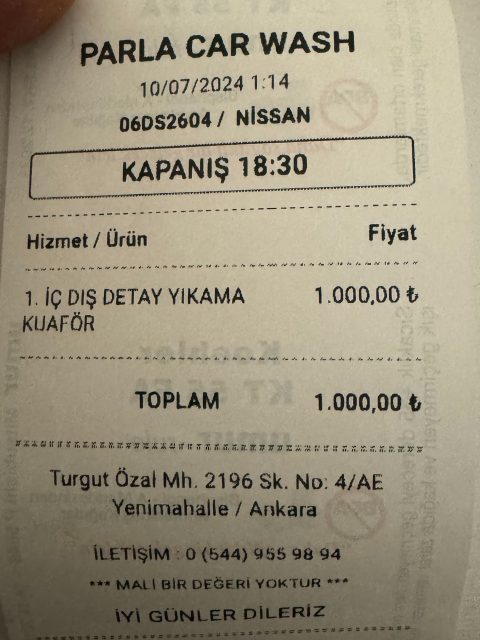 Oto yıkama programı carmek - Bilgi Fiş görseli Parla Car Wash